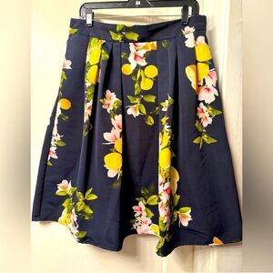 Floral A-Line Lemon Skirt - Navy with Yellow and Pink Accents